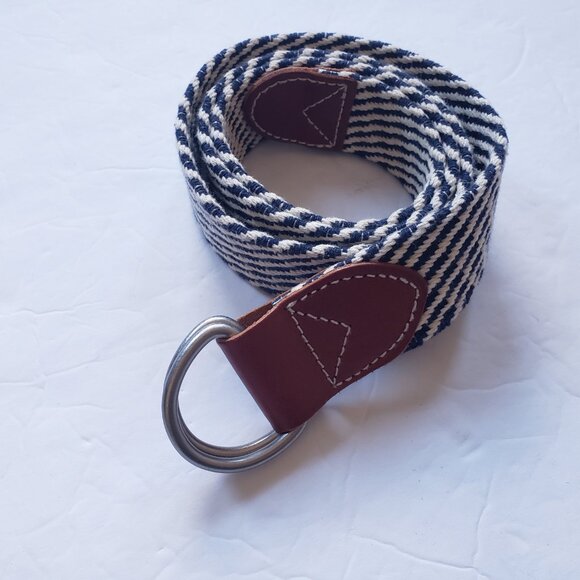 J. Crew D Ring Woven Cotton Striped Leather Preppy Nautical Belt - Picture 2 of 9